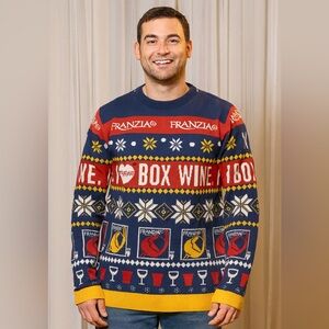 Franzia "I Love Box Wine" themed ugly Christmas sweater